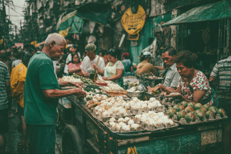 Senior vendor offers fresh fruits and vegetables at lively street market, with colorful stalls and engaged shoppers creating a vibrant community atmosphereの素材