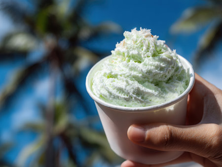 A hand is holding a cup filled with buko pandan ice cream, showcasing its creamy texture against a backdrop of palm trees and a vibrant blue skyの素材