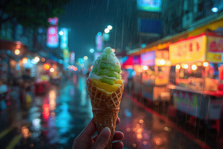 A hand holds melting buko pandan cone ice cream in a bustling street market, with colorful lights and reflections on wet pavement, evoking a vibrant nightlife sceneの素材