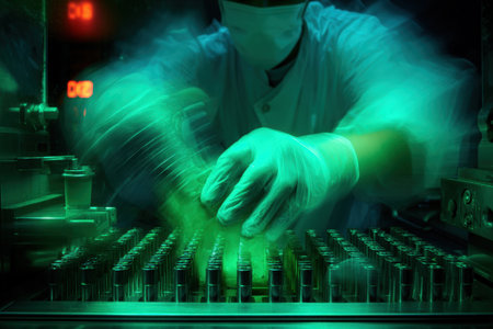 Technician in lab coat and gloves is working with test tubes in a modern laboratory, emphasizing meticulous attention to detail and advanced scientific processesの素材