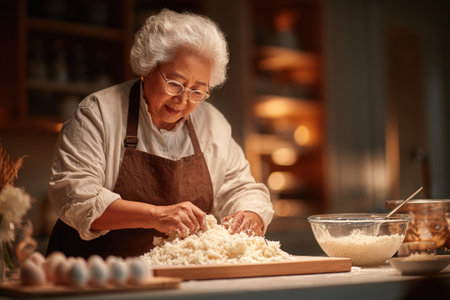 Senior female chef is preparing dough on a wooden surface in a warm kitchen, with ingredients and soft lighting creating a welcoming atmosphere for cookingの素材