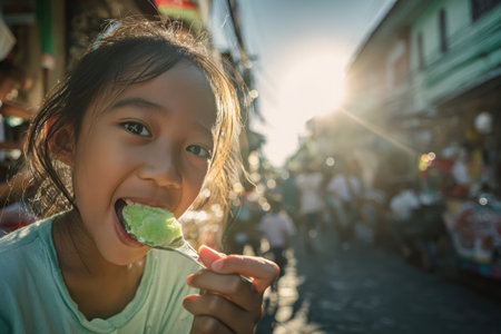 Happy Filipino child savoring buko pandan ice cream, with sunlit street bustling with activity in the background, showcasing a moment of pure enjoyment and cultural experienceの素材