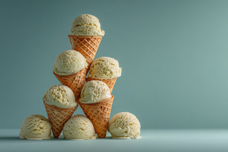 Stacked waffle cones filled with delicious buko pandan ice cream, featuring a smooth texture and vibrant colors, creating an appealing dessert scene for food photographyの素材