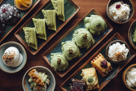 Overhead view of assorted traditional Filipino desserts including buko pandan ice cream, showcasing vibrant colors and creamy textures on wooden surface for inviting atmosphereの素材
