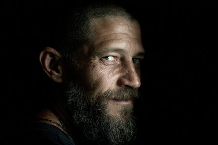Male figure with a beard, illuminated by gentle light, highlighting facial textures and expressions, creating a captivating and powerful atmosphere in the portraitの素材