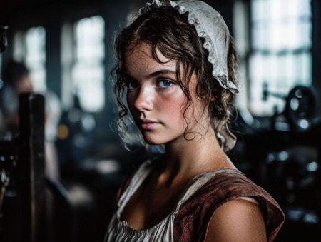 Young woman in historical attire, gazes thoughtfully in a vintage workshop, surrounded by tools and machinery, evoking a sense of nostalgia and craftsmanshipの素材