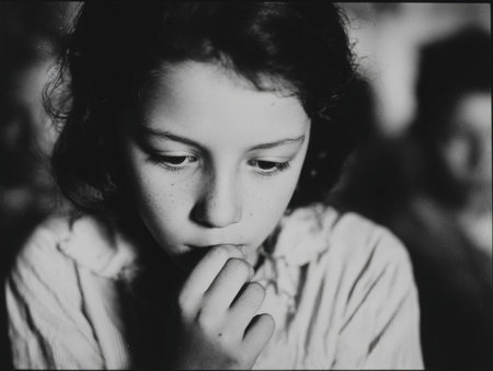 A thoughtful young girl with curly hair is lost in contemplation, her expression reflecting deep emotions in a softly blurred background, evoking a sense of innocence and curiosityの素材