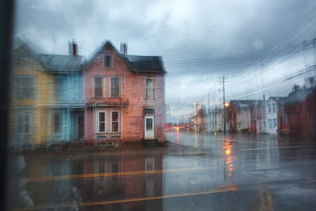 Blurry perspective of vintage houses in various colors on a rainy street, with reflections on the wet ground, evoking a sense of nostalgia and urban ambianceの素材