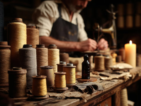 Skilled tailor is focused on sewing at a rustic wooden table, surrounded by vibrant spools of thread and warm candlelight, highlighting the artistry of craftsmanshipの素材
