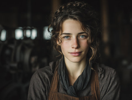 Confident young woman with curly hair, wearing an apron and scarf, stands in a workshop, surrounded by tools and machinery, highlighting her craftsmanship and passion for her workの素材