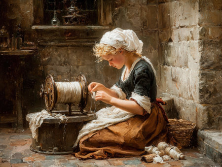 Female artisan is focused on sewing with a spinning wheel in a rustic environment, highlighting her craftsmanship and the textures of the materials usedの素材