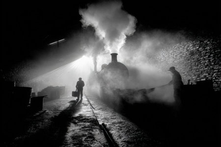 Two workers are silhouetted against a vintage steam engine in a dark industrial space, with steam and light creating a dramatic ambiance of hard workの素材