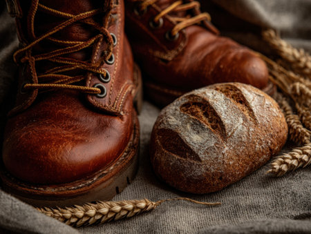 Brown leather boots are positioned next to a round loaf of bread, with wheat stalks scattered on soft fabric, creating a warm, inviting scene for culinary enthusiastsの素材