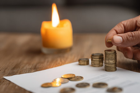 A hand is carefully adding a coin to a stack of coins on a wooden surface, with a warm candlelight glow creating a cozy ambiance for financial planningの素材