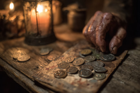 Elderly hand with aged skin, counting various coins on a wooden surface, surrounded by soft candlelight, evoking a sense of nostalgia and warmth in the sceneの素材