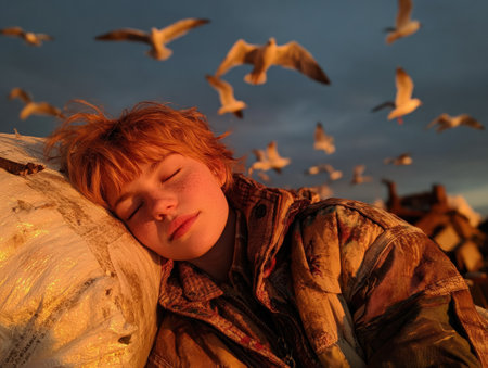 Female with short red hair peacefully resting on a bag, surrounded by seagulls in flight during sunset, creating a tranquil and warm atmosphereの素材