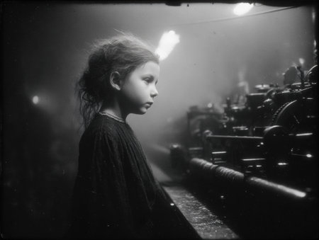 Young girl stands near old machinery in a softly lit workshop, her expression reflecting curiosity and wonder about the industrial environment and its historyの素材