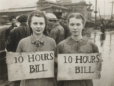 Young women are holding signs that read 10 Hours Bill, standing in a wet environment with a crowd in the background, symbolizing a significant moment in labor historyの素材