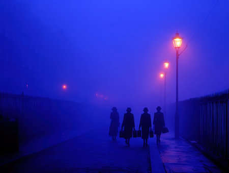 Four figures are walking along a foggy street, surrounded by glowing street lamps, creating an ethereal ambiance with a captivating blue light and a sense of mysteryの素材