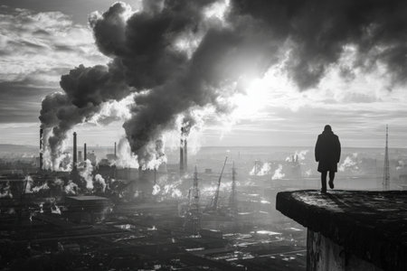Individual stands on ledge, gazing at industrial scene with smoke rising from factories, evoking feelings of contemplation and concern for the environmentの素材