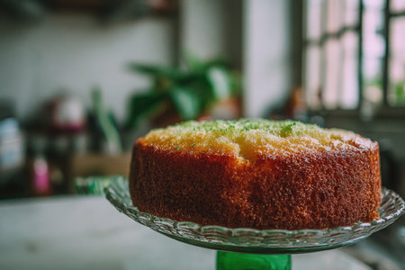Pandan chiffon cake elegantly presented on a glass stand, highlighting its light and airy texture, with a warm kitchen ambiance and natural light enhancing the sceneの素材