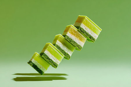Slices of pandan chiffon cake are levitating in mid-air, revealing their vibrant green layers and soft textures, creating a whimsical dessert sceneの素材