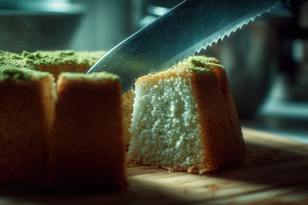 Close-up view of pandan chiffon cake as it is sliced with a knife, revealing its soft texture and green topping, emphasizing the beauty of dessert creationの素材