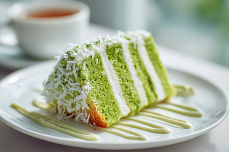 Close-up view of pandan chiffon cake slice on a white plate, featuring coconut drizzle and vibrant green layers, ideal for dessert photography and culinary artの素材