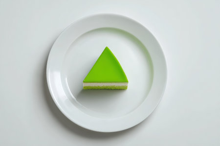 A slice of pandan chiffon cake is centered on a white plate, highlighting its bright green color and soft layers, ideal for dessert presentations and food photographyの素材