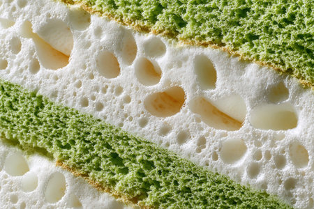Close-up of fluffy pandan chiffon cake texture, revealing air bubbles and sponge detail, emphasizing the cake's lightness and vibrant green layers with a soft creamy interiorの素材
