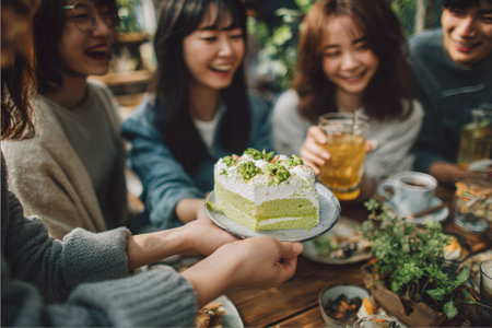 Group of friends enjoying pandan chiffon cake at a warm gathering, with vibrant food and drinks on the table, creating a joyful and inviting atmosphereの素材