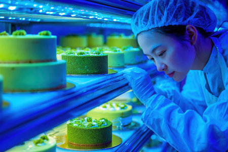 Bakery worker is carefully arranging pandan chiffon cakes in a display case, emphasizing vibrant colors and textures, creating an inviting atmosphere for customersの素材