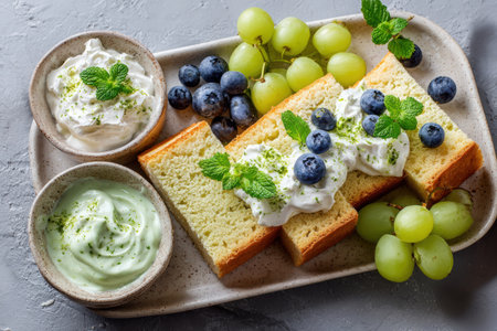 Slices of pandan chiffon cake are beautifully arranged with whipped cream and assorted fresh fruits, enhancing the visual appeal of this delicious dessert spreadの素材