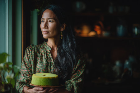 Southeast Asian woman stands in a cozy kitchen, holding a homemade pandan chiffon cake, surrounded by warm lighting and rustic kitchenware, evoking a sense of comfort and culinary passionの素材