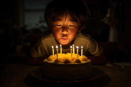 Child with dark hair is blowing out candles on a birthday cake, illuminated by soft light, creating a festive and joyful ambiance for a special occasionの素材