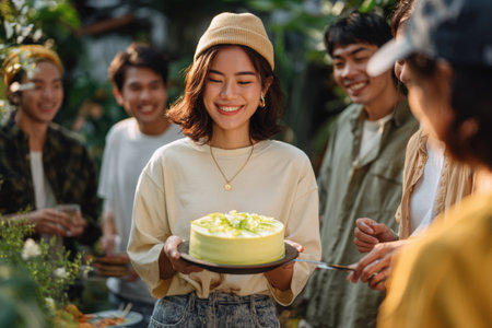 Group of friends happily sharing pandan chiffon cake outdoors, surrounded by lush greenery, creating a joyful atmosphere of celebration and friendshipの素材
