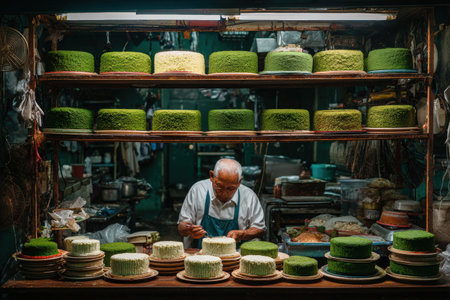 Bakery worker is carefully arranging pandan chiffon cakes on a wooden table, surrounded by vibrant green layers, creating a warm and inviting atmosphereの素材