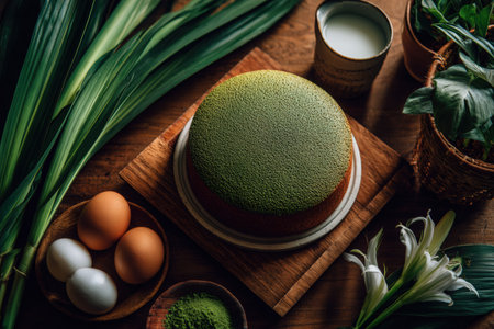 Overhead view of pandan chiffon cake on wooden board, surrounded by pandan leaves, eggs, and coconut milk, creating a vibrant and inviting culinary sceneの素材