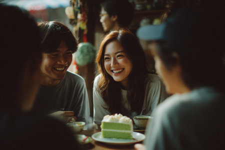Group of friends sharing pandan chiffon cake, laughing and enjoying each other's company in a cozy cafe, creating a joyful and inviting ambianceの素材