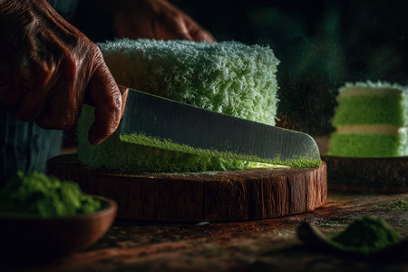 Close-up view of pandan chiffon cake being cut with a knife on a wooden board, highlighting its fluffy texture and vibrant green color, ideal for food photographyの素材