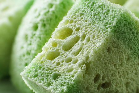 Slice of pandan chiffon cake reveals fluffy texture with air bubbles and sponge detail, emphasizing the artistry of baking and the appeal of this delightful dessertの素材
