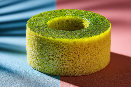 This pandan chiffon cake features a glossy green glaze, set against a minimalist background, highlighting its vibrant color and unique texture for dessert presentationsの素材