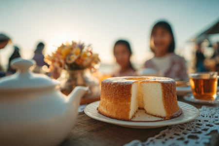 A beautifully presented cake on a plate with a teapot and tea glass, set in an outdoor environment, inviting a sense of warmth and togethernessの素材