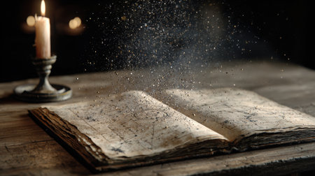 Ancient book lies open on a wooden table, surrounded by glowing dust and candlelight, evoking a sense of mysticism and spiritual explorationの素材