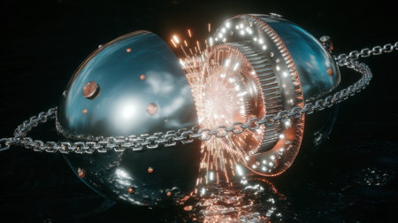 A metallic orb, adorned with intricate details and chains, bursts with radiant energy, embodying themes of mysticism and metaphysics in a visually striking sceneの素材