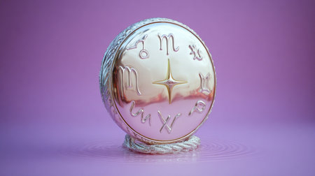 Circular talisman features intricate engravings, resting on a tranquil surface, radiating an aura of mysticism and spiritual significance, inviting exploration of esoteric themesの素材