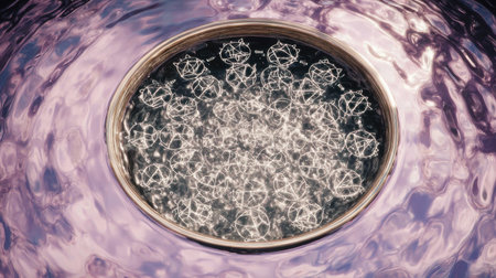 Glowing symbols create a circular pattern in serene water, with gentle ripples enhancing the mystical ambiance, inviting contemplation and spiritual reflectionの素材