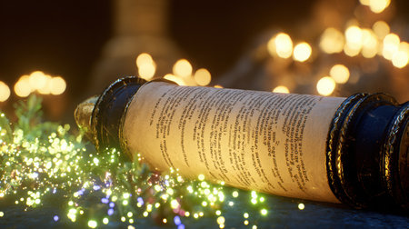 Mystical scroll adorned with ancient symbols, lies on a textured surface, illuminated by glowing lights, creating an enchanting atmosphere of spiritual discoveryの素材