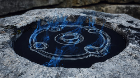 Mystical symbol carved into stone, encircled by ethereal blue smoke, evokes a sense of spirituality and magic in a tranquil natural environmentの素材