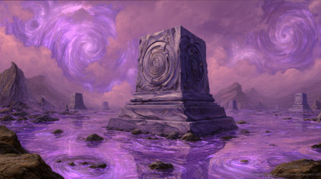 A mystical stone monolith stands in reflective purple waters, surrounded by swirling cosmic clouds, evoking a sense of metaphysical wonder and spiritual explorationの素材